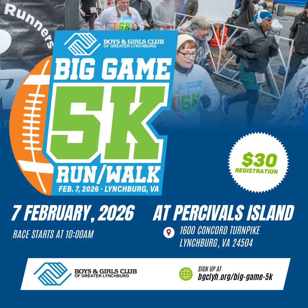 boys and girls club of greater lynchburg big game 5k run walk 2026 registration now open